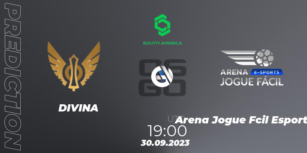 DIVINA contre Arena Jogue Fácil Esports : prédiction de match. 30.09.2023 at 19:00. Counter-Strike (CS2), CCT South America Series #12: Closed Qualifier