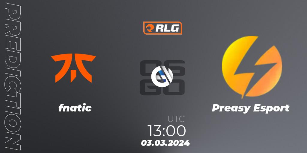 fnatic contre Preasy Esport : prédiction de match. 03.03.2024 at 13:00. Counter-Strike (CS2), RES European Series #1