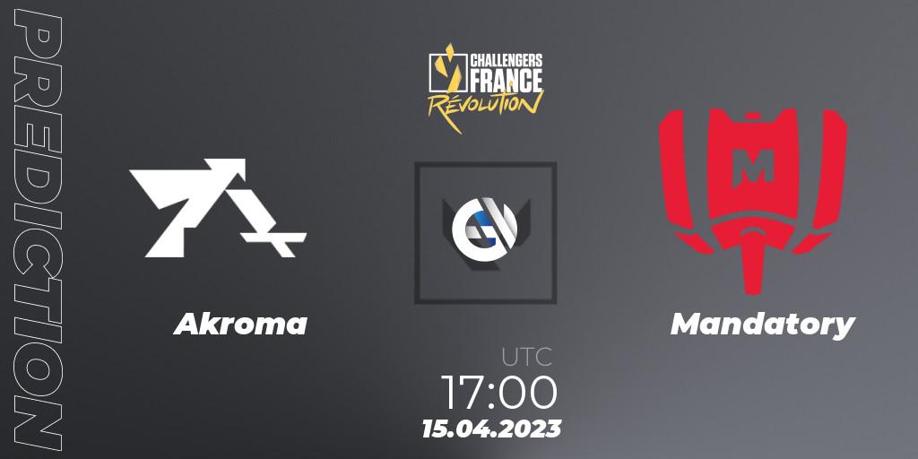 Akroma contre Mandatory : prédiction de match. 15.04.2023 at 17:00. VALORANT, VALORANT Challengers France: Revolution Split 2 - Regular Season