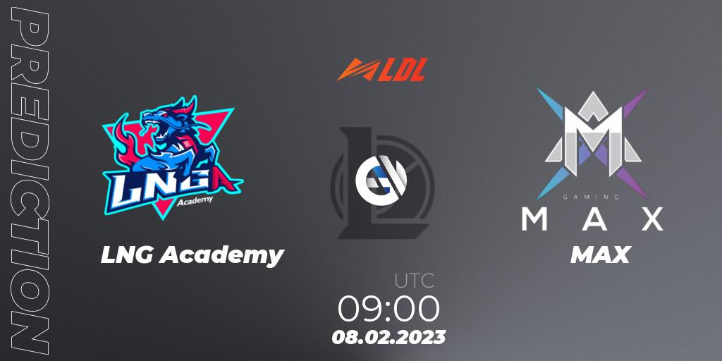 LNG Academy contre MAX : prédiction de match. 08.02.2023 at 08:40. LoL, LDL 2023 - Swiss Stage