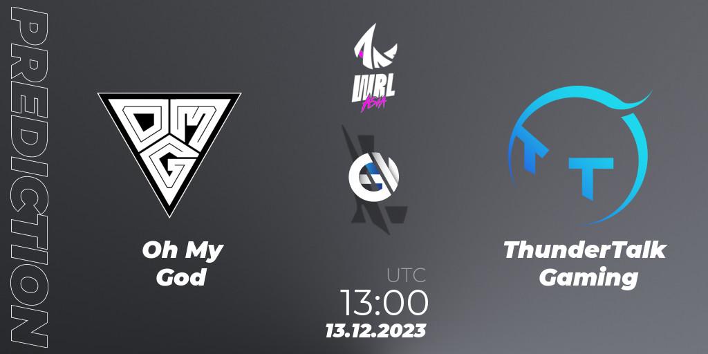 Oh My God contre ThunderTalk Gaming : prédiction de match. 13.12.2023 at 13:00. Wild Rift, WRL Asia 2023 - Season 2 - Regular Season