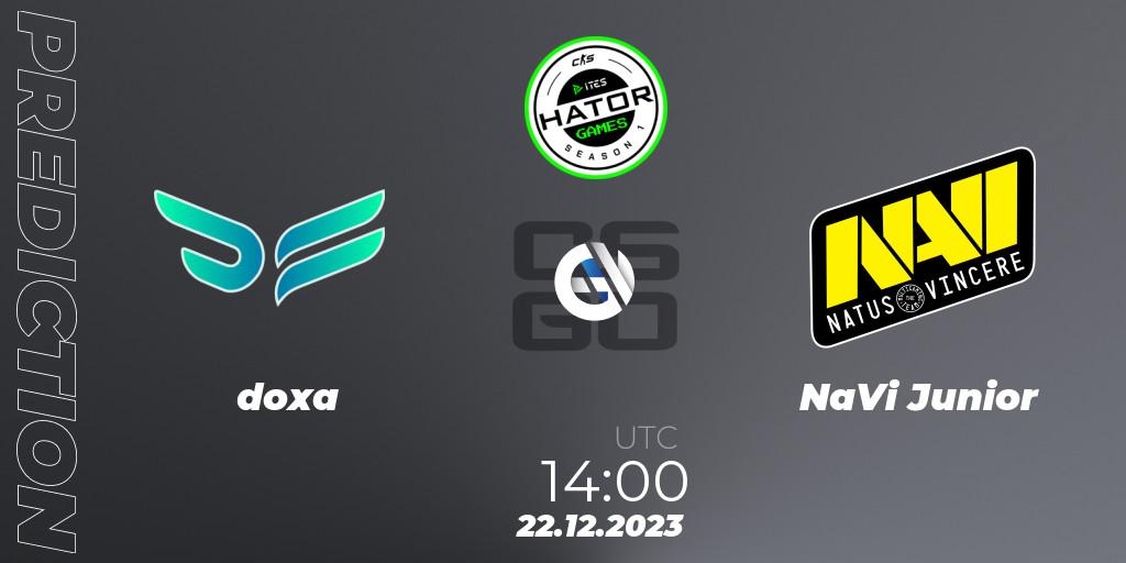 doxa contre NaVi Junior : prédiction de match. 22.12.2023 at 14:00. Counter-Strike (CS2), HATOR Games #1