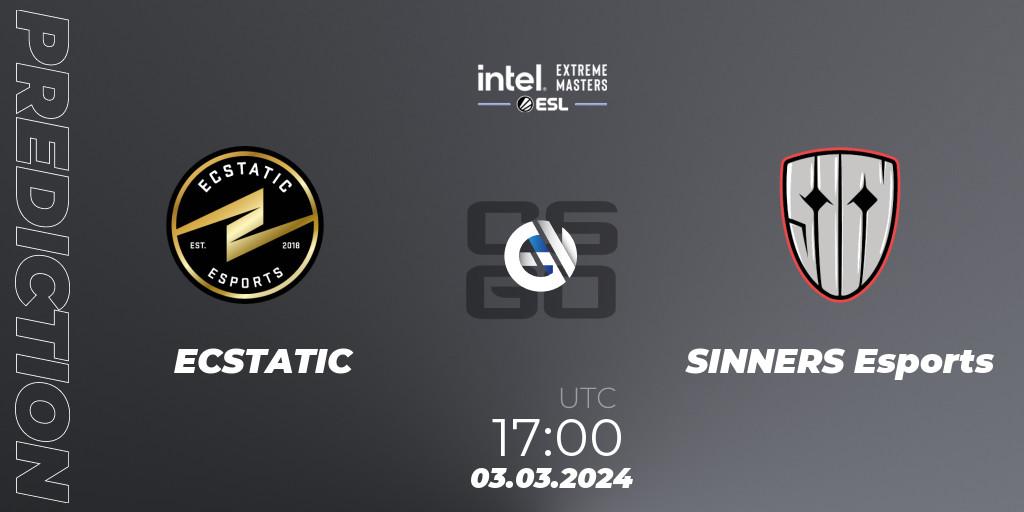 ECSTATIC contre SINNERS Esports : prédiction de match. 03.03.2024 at 17:00. Counter-Strike (CS2), Intel Extreme Masters Dallas 2024: European Open Qualifier #1