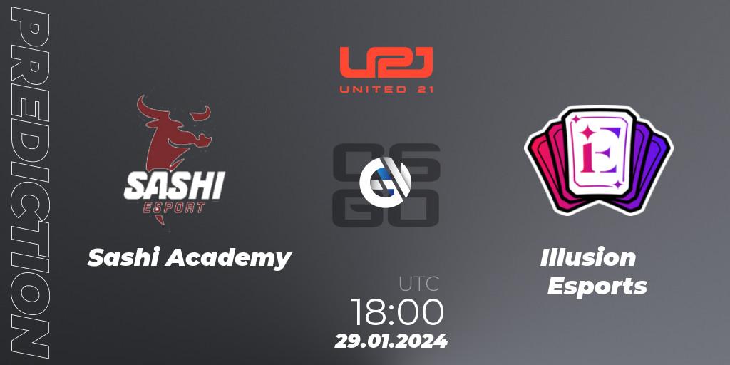 Sashi Academy contre Illusion Esports : prédiction de match. 29.01.2024 at 18:00. Counter-Strike (CS2), United21 Season 10: Division 2