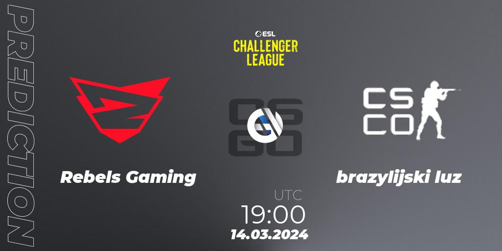 Rebels Gaming contre brazylijski luz : prédiction de match. 14.03.2024 at 19:00. Counter-Strike (CS2), ESL Challenger League Season 47: Europe