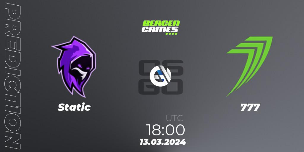 Static contre 777 : prédiction de match. 13.03.2024 at 18:00. Counter-Strike (CS2), Bergen Games 2024: Online Stage