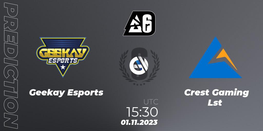 Geekay Esports contre Crest Gaming Lst : prédiction de match. 01.11.2023 at 15:30. Rainbow Six, BLAST Major USA 2023