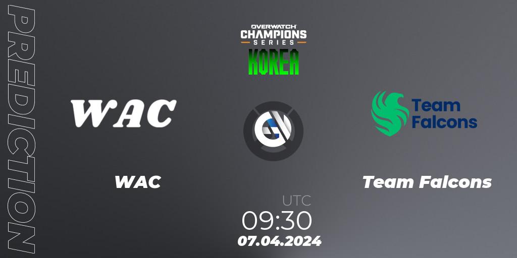 WAC contre Team Falcons : prédiction de match. 07.04.2024 at 09:30. Overwatch, Overwatch Champions Series 2024 - Stage 1 Korea