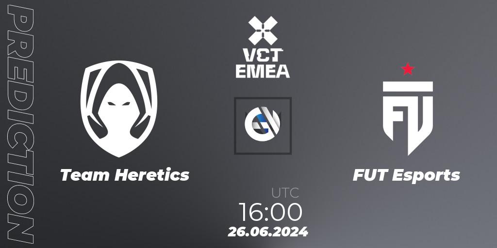 Team Heretics contre FUT Esports : prédiction de match. 26.06.2024 at 16:00. VALORANT, VALORANT Champions Tour 2024: EMEA League - Stage 2 - Group Stage