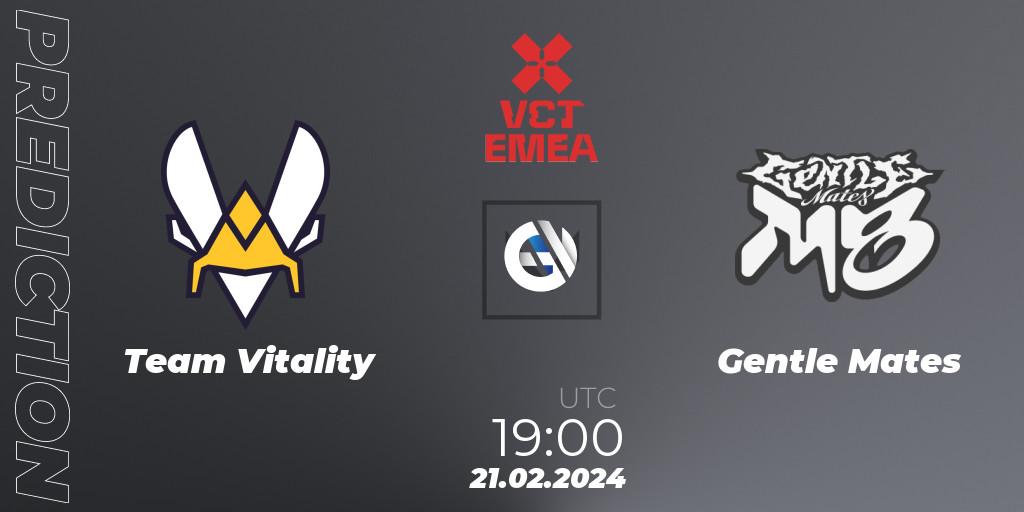 Team Vitality contre Gentle Mates : prédiction de match. 21.02.2024 at 18:50. VALORANT, VCT 2024: EMEA Kickoff