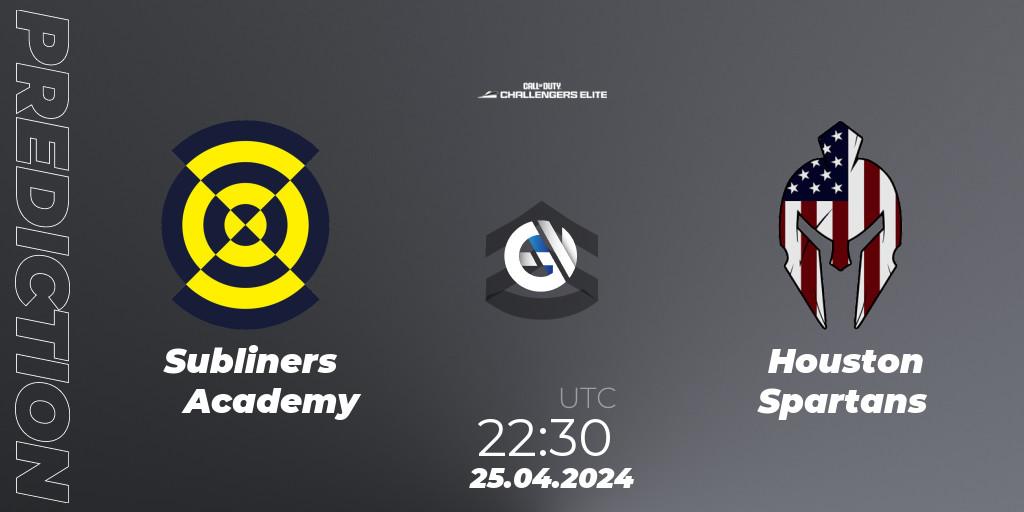 Subliners Academy contre Houston Spartans : prédiction de match. 25.04.2024 at 22:30. Call of Duty, Call of Duty Challengers 2024 - Elite 2: NA
