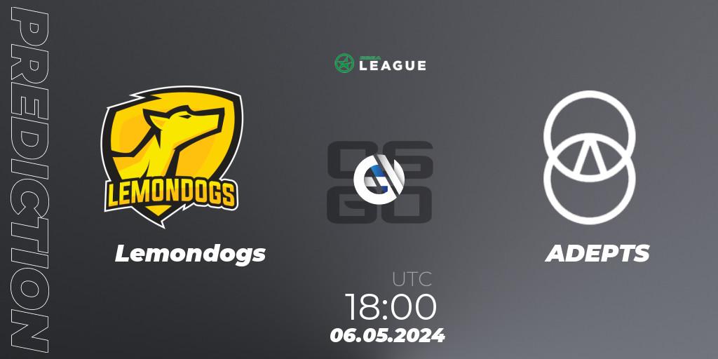 Lemondogs contre ADEPTS : prédiction de match. 06.05.2024 at 18:00. Counter-Strike (CS2), ESEA Season 49: Advanced Division - Europe