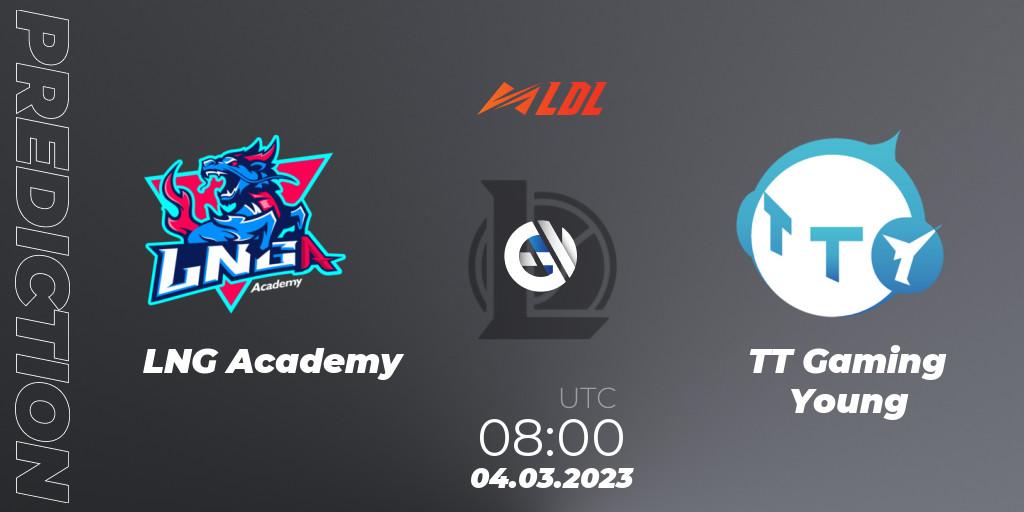 LNG Academy contre TT Gaming Young : prédiction de match. 04.03.2023 at 09:00. LoL, LDL 2023 - Regular Season