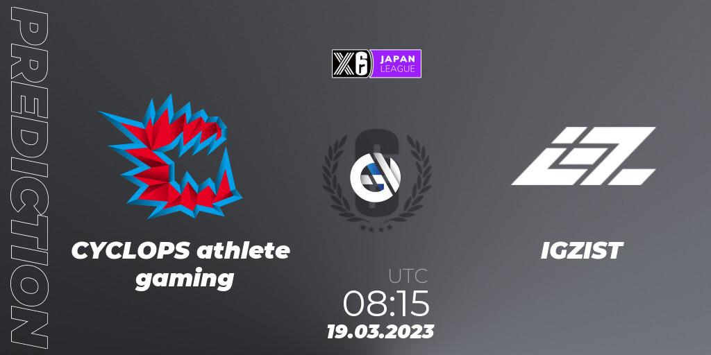 CYCLOPS athlete gaming contre IGZIST : prédiction de match. 19.03.2023 at 08:15. Rainbow Six, Japan League 2023 - Stage 1