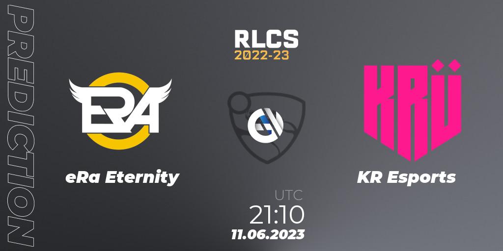 eRa Eternity contre KRÜ Esports : prédiction de match. 11.06.2023 at 21:10. Rocket League, RLCS 2022-23 - Spring: South America Regional 3 - Spring Invitational