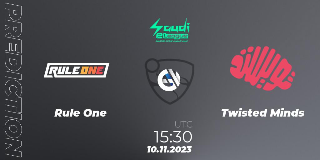 Rule One contre Twisted Minds : prédiction de match. 10.11.2023 at 15:30. Rocket League, Saudi eLeagues 2023: Season 2