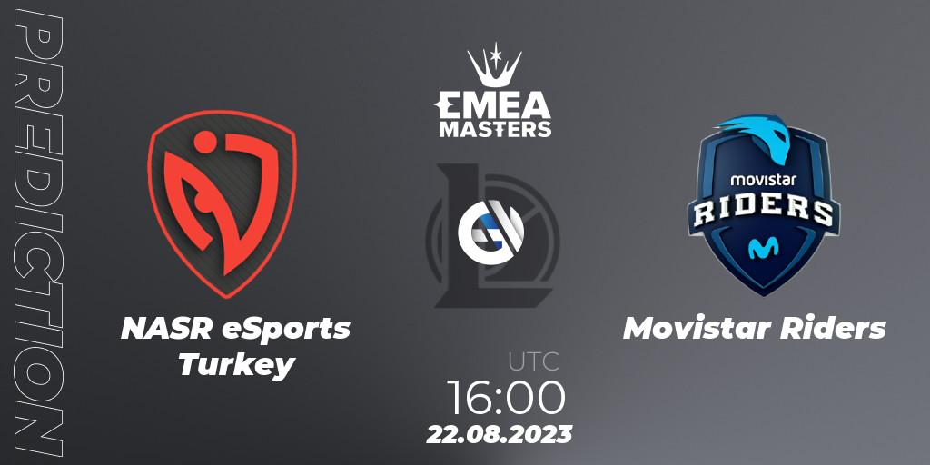 NASR eSports Turkey contre Movistar Riders : prédiction de match. 22.08.2023 at 16:00. LoL, EMEA Masters Summer 2023