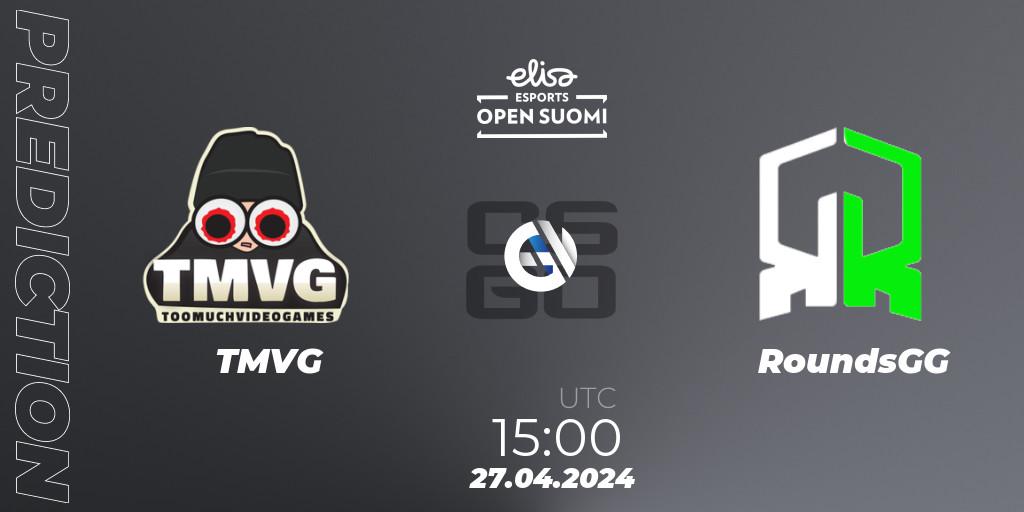 TMVG contre RoundsGG : prédiction de match. 27.04.2024 at 15:00. Counter-Strike (CS2), Elisa Open Suomi Season 6