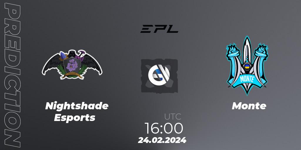 Nightshade Esports contre Monte : prédiction de match. 24.02.2024 at 16:12. Dota 2, European Pro League Season 17: Division 2