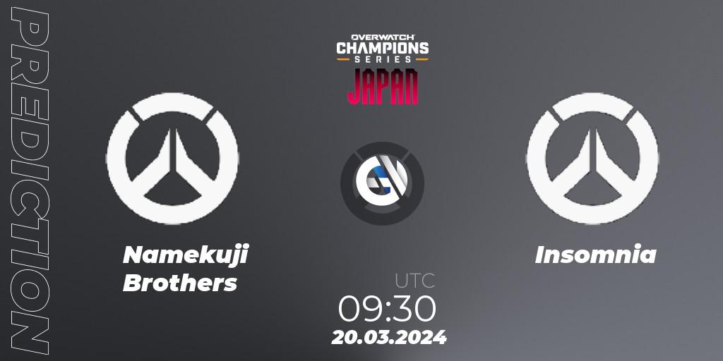 Namekuji Brothers contre Insomnia : prédiction de match. 20.03.2024 at 10:30. Overwatch, Overwatch Champions Series 2024 - Stage 1 Japan