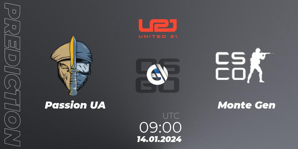 Passion UA contre Monte Gen : prédiction de match. 14.01.2024 at 10:00. Counter-Strike (CS2), United21 Season 10