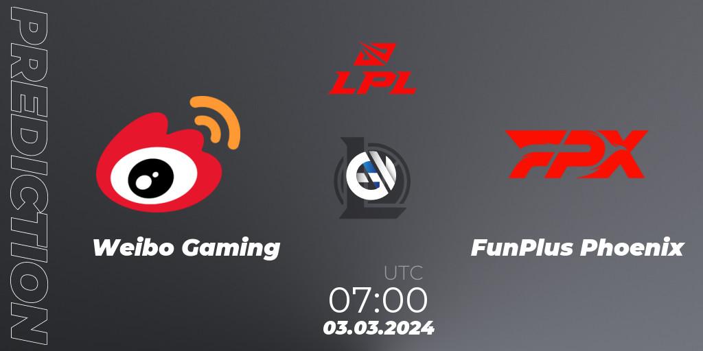 Weibo Gaming contre FunPlus Phoenix : prédiction de match. 03.03.24. LoL, LPL Spring 2024 - Group Stage