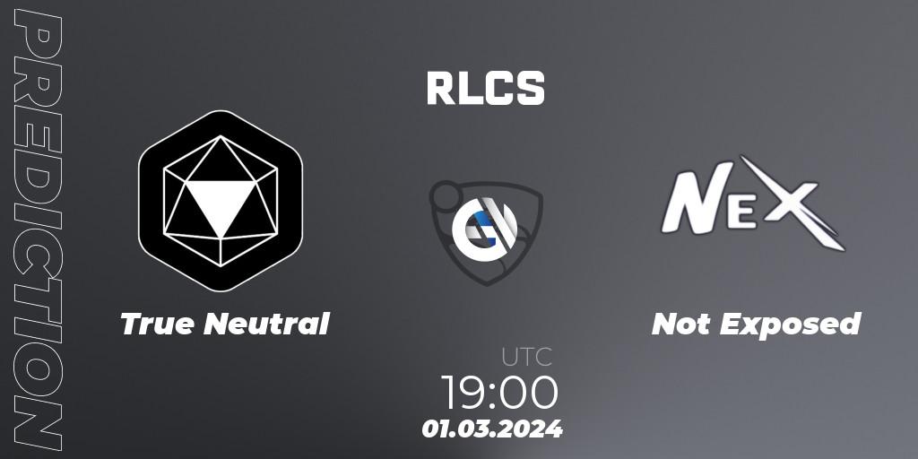 True Neutral contre Not Exposed : prédiction de match. 01.03.2024 at 19:00. Rocket League, RLCS 2024 - Major 1: SAM Open Qualifier 3
