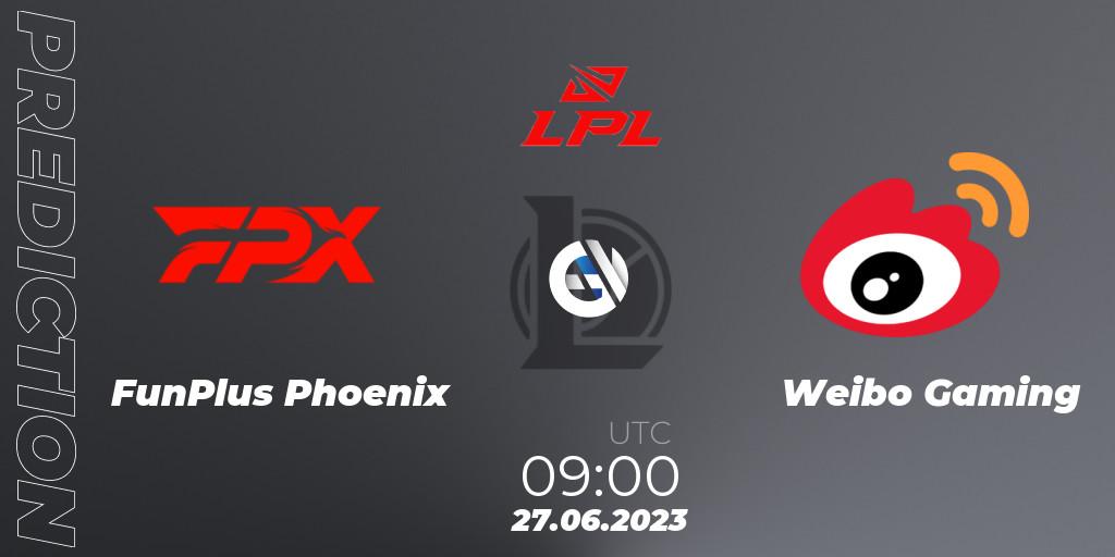 FunPlus Phoenix contre Weibo Gaming : prédiction de match. 27.06.2023 at 09:00. LoL, LPL Summer 2023 Regular Season