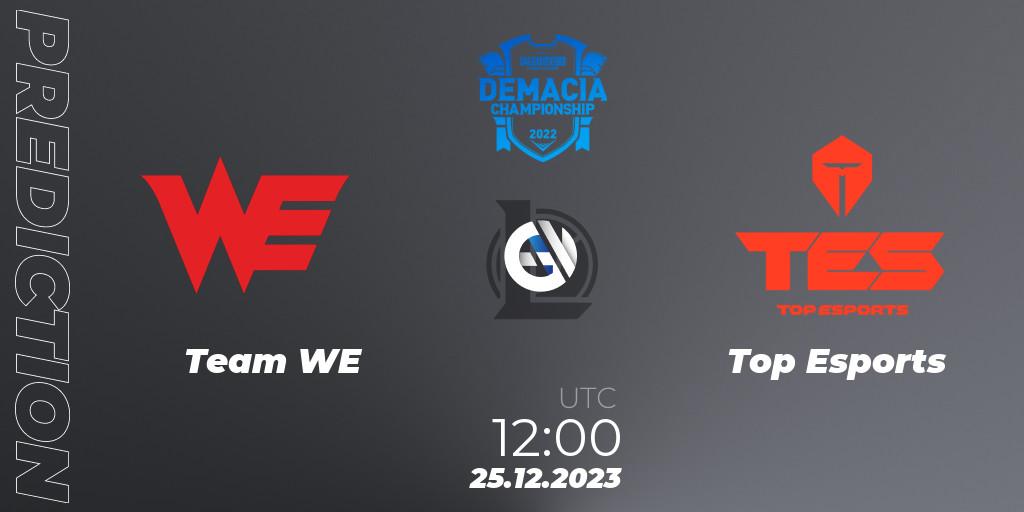 Team WE contre Top Esports : prédiction de match. 25.12.2023 at 13:00. LoL, Demacia Cup 2023 Group Stage