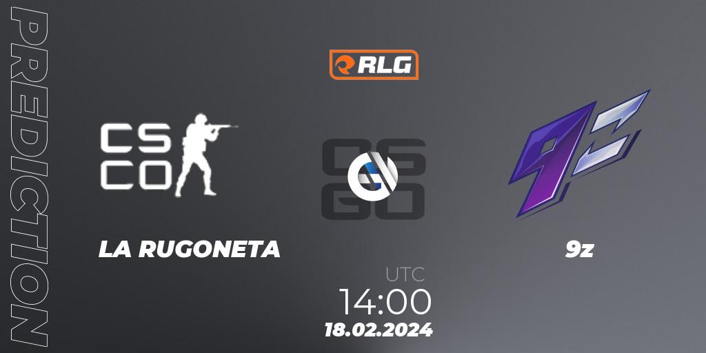 LA RUGONETA contre 9z : prédiction de match. 18.02.2024 at 14:00. Counter-Strike (CS2), RES Latin American Series #1