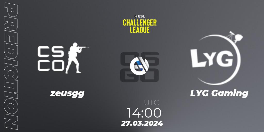 zeusgg contre LYG Gaming : prédiction de match. 27.03.2024 at 14:00. Counter-Strike (CS2), ESL Challenger League Season 47: Asia