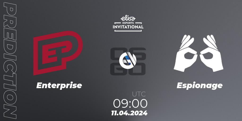Enterprise contre Espionage : prédiction de match. 11.04.2024 at 09:00. Counter-Strike (CS2), Elisa Invitational Spring 2024