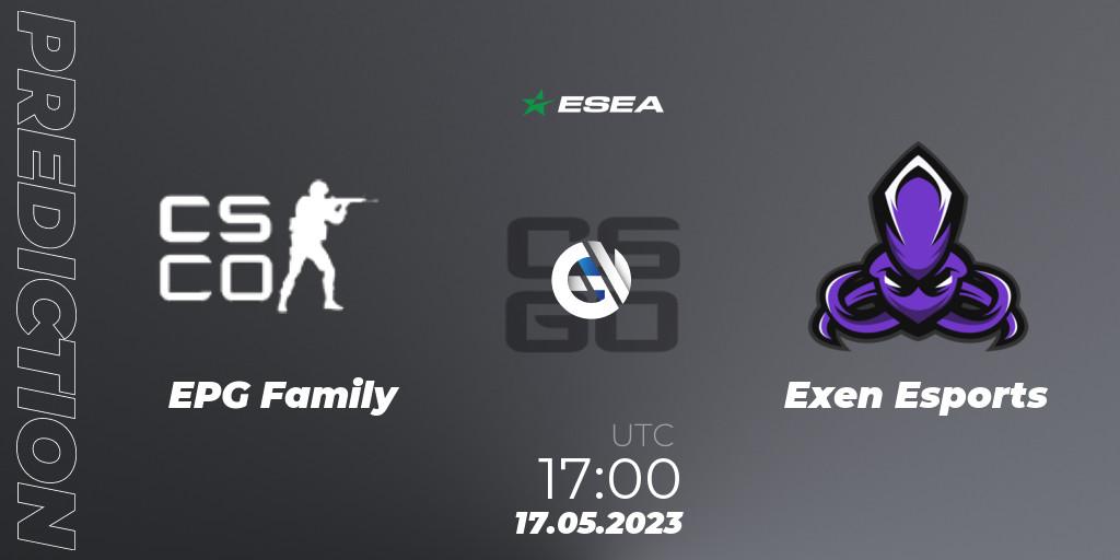 EPG Family contre Exen Esports : prédiction de match. 17.05.2023 at 17:00. Counter-Strike (CS2), ESEA Season 45: Advanced Division - Europe