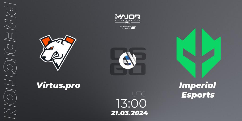 Virtus.pro contre Imperial Esports : prédiction de match. 21.03.2024 at 13:00. Counter-Strike (CS2), PGL CS2 Major Copenhagen 2024