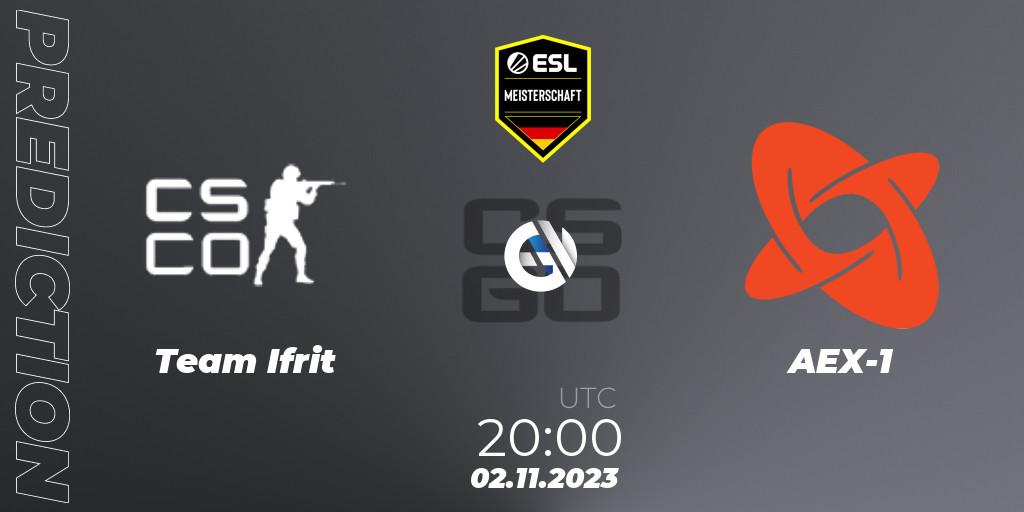 Team Ifrit contre AEX-1 : prédiction de match. 02.11.2023 at 20:00. Counter-Strike (CS2), ESL Meisterschaft: Autumn 2023