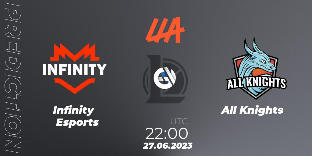 Infinity Esports contre All Knights : prédiction de match. 27.06.2023 at 22:00. LoL, LLA Closing 2023 - Group Stage