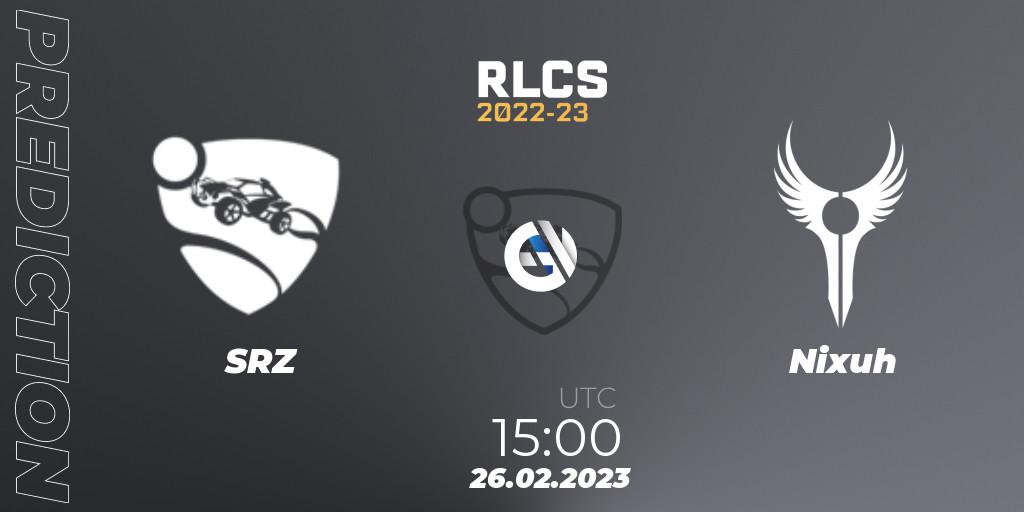 SRZ contre Nixuh : prédiction de match. 26.02.2023 at 15:00. Rocket League, RLCS 2022-23 - Winter: Sub-Saharan Africa Regional 3 - Winter Invitational