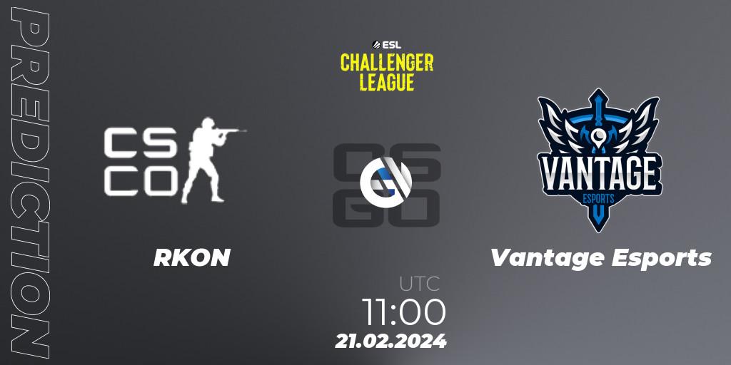 RKON contre Vantage Esports : prédiction de match. 27.02.2024 at 10:00. Counter-Strike (CS2), ESL Challenger League Season 47: Oceania