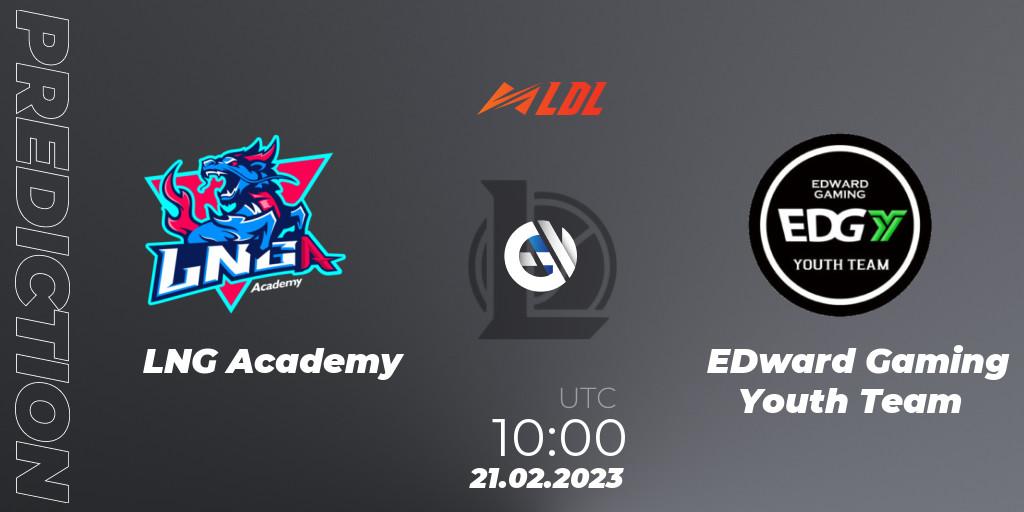 LNG Academy contre EDward Gaming Youth Team : prédiction de match. 21.02.2023 at 12:15. LoL, LDL 2023 - Regular Season