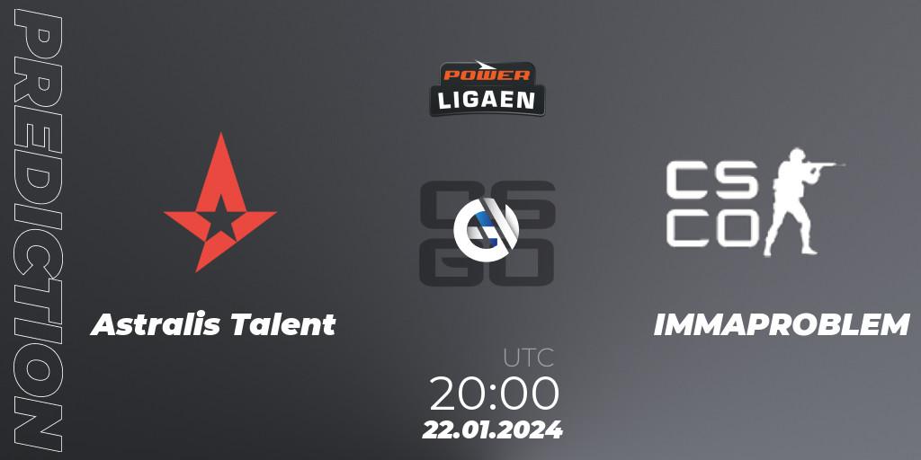 Astralis Talent contre IMMAPROBLEM : prédiction de match. 22.01.2024 at 20:00. Counter-Strike (CS2), Dust2.dk Ligaen Season 25