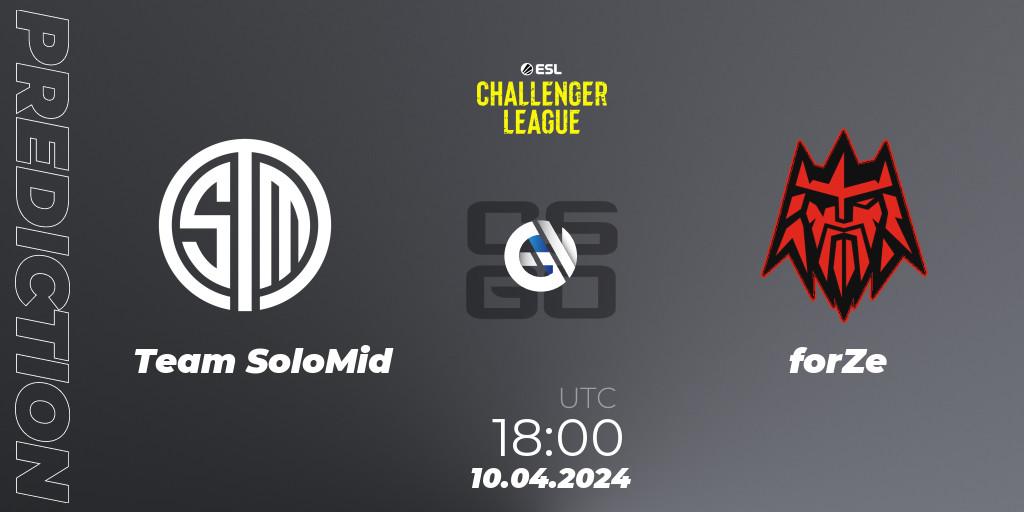 Team SoloMid contre forZe : prédiction de match. 10.04.2024 at 18:00. Counter-Strike (CS2), ESL Challenger League Season 47: Europe