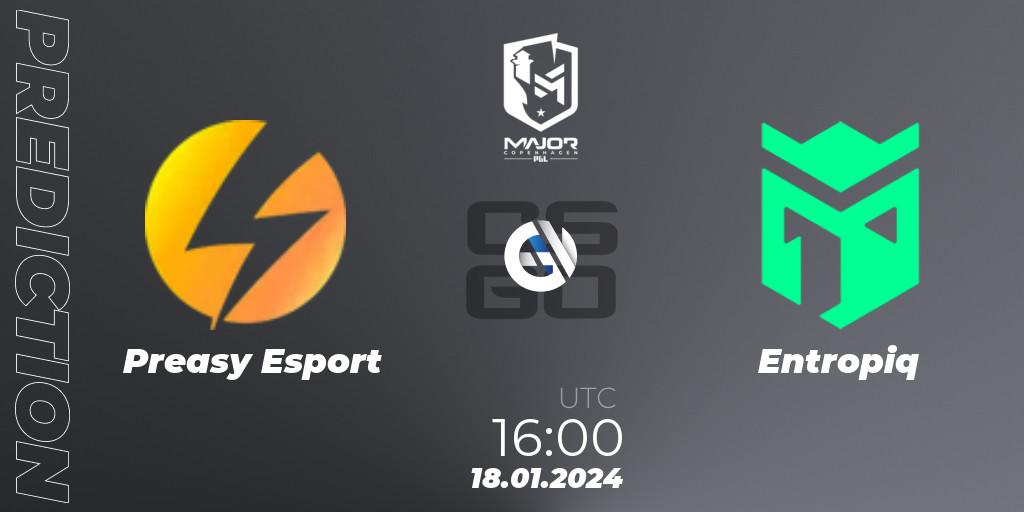 Preasy Esport contre Entropiq : prédiction de match. 18.01.2024 at 16:00. Counter-Strike (CS2), PGL CS2 Major Copenhagen 2024: European Qualifier B