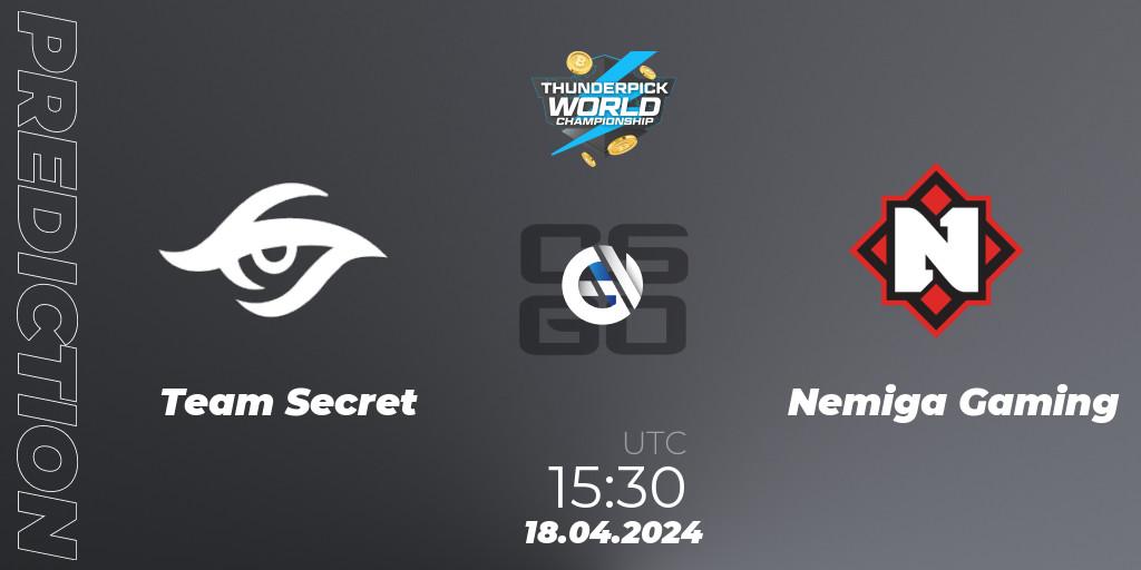 Team Secret contre Nemiga Gaming : prédiction de match. 18.04.2024 at 15:30. Counter-Strike (CS2), Thunderpick World Championship 2024: European Series #1