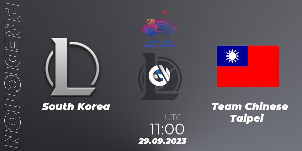 Korea Team contre Team Chinese Taipei : prédiction de match. 29.09.2023 at 11:00. LoL, 2022 Asian Games