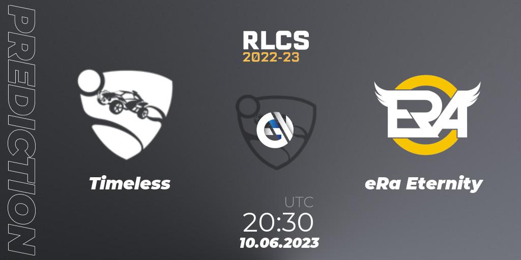 Timeless contre eRa Eternity : prédiction de match. 10.06.2023 at 21:45. Rocket League, RLCS 2022-23 - Spring: South America Regional 3 - Spring Invitational