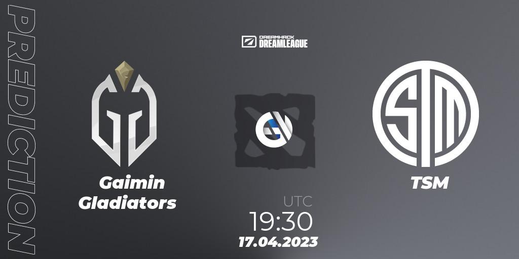 Gaimin Gladiators contre TSM : prédiction de match. 17.04.2023 at 19:25. Dota 2, DreamLeague Season 19 - Group Stage 2