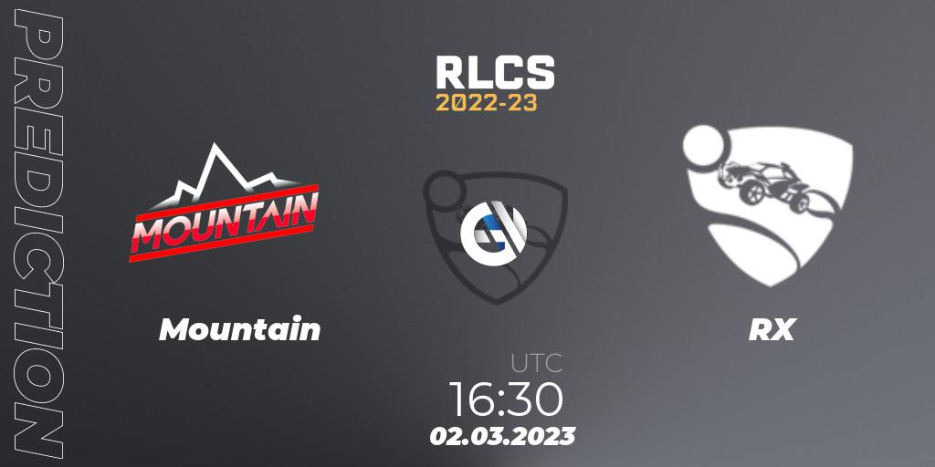 Mountain contre RX : prédiction de match. 02.03.2023 at 16:30. Rocket League, RLCS 2022-23 - Winter: Middle East and North Africa Regional 3 - Winter Invitational