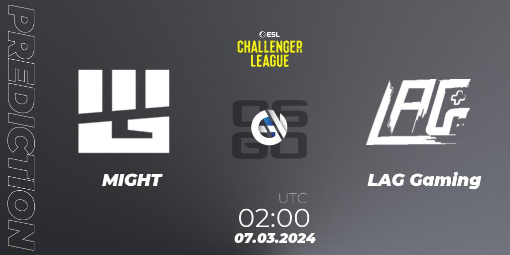 MIGHT contre LAG Gaming : prédiction de match. 07.03.2024 at 02:00. Counter-Strike (CS2), ESL Challenger League Season 47: North America