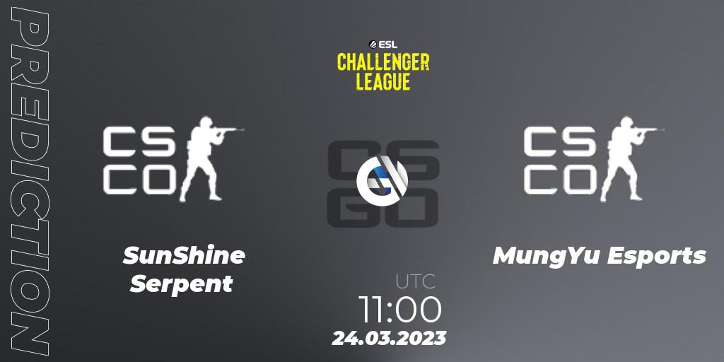 SunShine Serpent contre MungYu Esports : prédiction de match. 24.03.2023 at 11:00. Counter-Strike (CS2), ESL Challenger League Season 44 Relegation: Asia-Pacific
