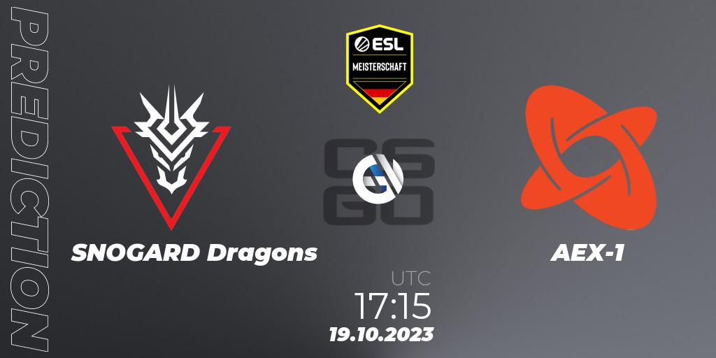 SNOGARD Dragons contre AEX-1 : prédiction de match. 19.10.2023 at 17:15. Counter-Strike (CS2), ESL Meisterschaft: Autumn 2023